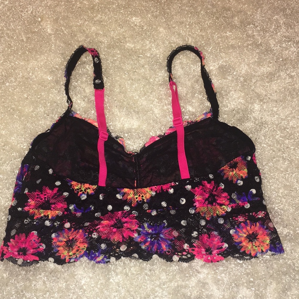 PINK Bralette Neon Flowers White Polka Dots - Picture 2 of 3